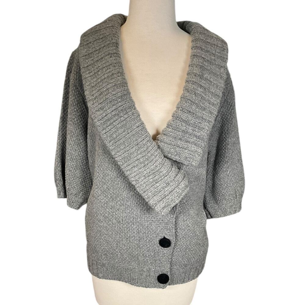 Vintage Dorothy Lee Gray Wool-Cashmere Bubble Sleeve Black Velvet Buttons Medium